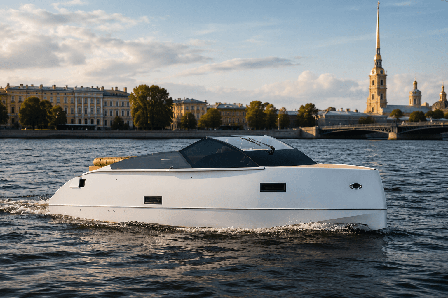 Белоснежный прогулочный катер Интеллигент Velvette White 33 на воде в Санкт-Петербурге